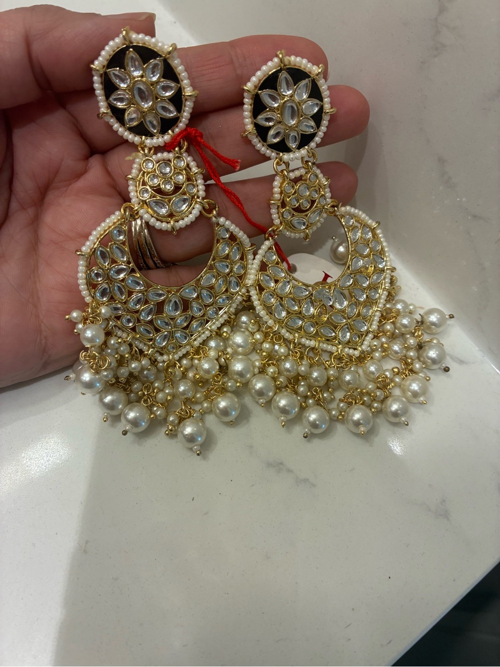 Gold and White Pearl Kundan Chandbali Earrings - Women Jewelry